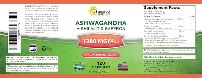 aSquared Nutrition Ashwagandha Supplements for Men &amp Women + Shilajit &amp Saffron - 120 Capsules - Pure Root Powder Complex - Pills Alternative to Gummies &amp Drops