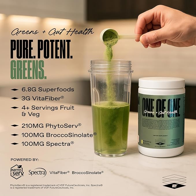 ONE of ONE Greens &amp Gut Health – Superfood Greens Powder with Prebiotics Probiotics &amp Digestive Enzymes for Gut Health Immunity &amp Energy No Artificial Sweeteners - Pineapple 30 Serving