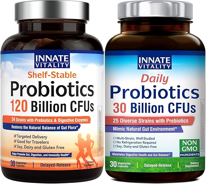 Innate Vitality Probiotic Bundle: 120B &amp 30B CFU Options with Prebiotics. Supports Gut Health Relief from Bloating &amp Gas. Delayed Release Vegan (60 Capsules)