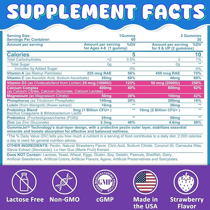 Sugar Free Vitamin C + D3 + Zinc Gummies for Adults 50+ &amp Calcium + D3 &amp Magnesium Filled Gummies for Kids 4+