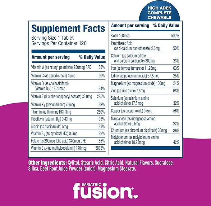 Bariatric Fusion Chewable Multivitamin with High ADEK Vitamins | Multi for Duodenal Switch Patients | Mixed Berry Flavored Tablets | with Iron and Calcium | One Month Supply