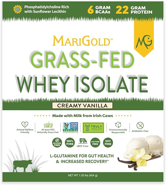 MariGold Grass-fed Whey Protein Isolate Powder - Creamy Vanilla Flavor - 1 Lb Bag | 100% Pure Cold-Processed Micro-Filtered Undenatured Non-GMO rBGH Free Soy Free Gluten Free Lactose Free