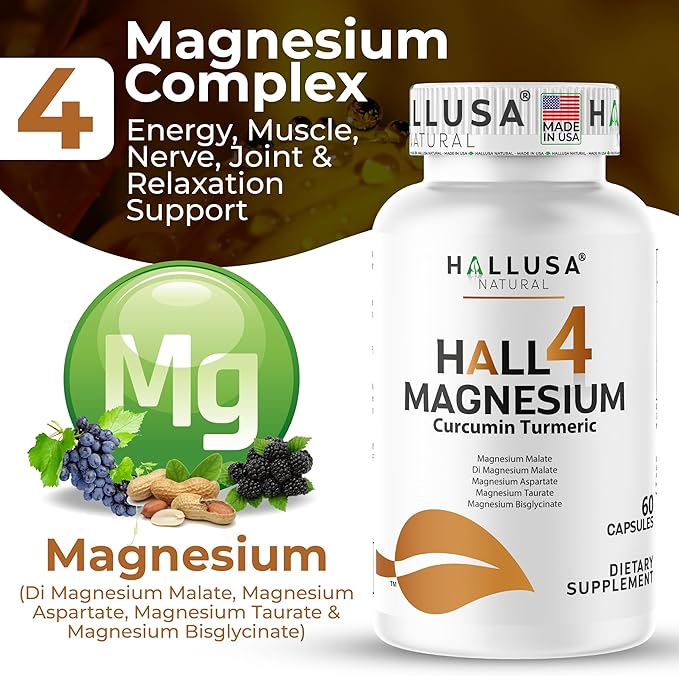 Magnesium 4 Complex + Curcumin Turmeric 60 Capsules Bisglycinate Malate Aspartate &amp Taurate Magnesium Complex Supplement for Energy Muscle Nerve Joint &amp Relaxation Support