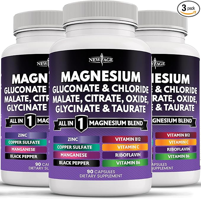 NEW AGE Magnesium Supplement -Powerful Glycinate Citrate Malate Oxide Taurate Aspartate Gluconate Orotate &amp Mag Chloride Manganese Bone Health and Bone Strength Joint Support- 270 Count