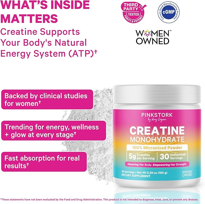 Pink Stork Creatine Monohydrate for Women | Micronized Creatine Powder | 5g Unflavored | Supports Muscles Energy Cognitive Function | Clean Alternative to Pills or Gummies | 30 Servings