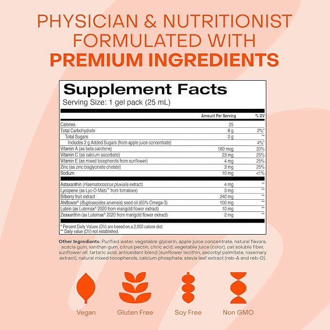 Healthycell Eye Health Daily Liquid Supplement - Eye Vitamins &amp Minerals with Lutein Zeaxanthin Astaxanthin &amp Beta Carotene for Sight Care &amp Macular Support - 30 Gel Packs