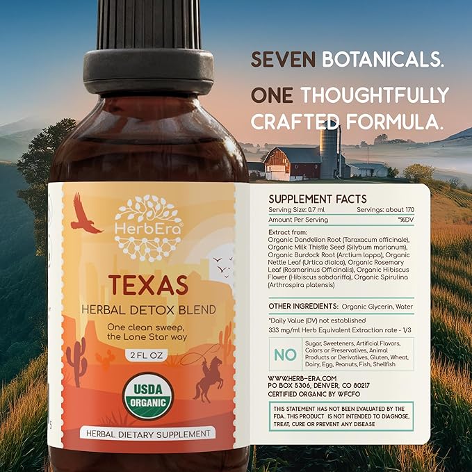 HerbEra Texas Herbal Detox Blend - USDA Organic Extract Made in USA | Immune &amp Liver Support Liquid Drops | Burdock Dandelion Root Milk Thistle Hibiscus Rosemary Spirulina | 2 fl oz