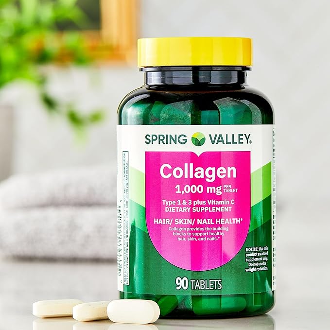 Collagen Type 1 &amp 3 Plus Vitamin C Hair Skin Nails Health Dietary Supplement Tablets 1000 mg 90 Count by Spring Valley (Pack of 1) - Set by Basket Goods