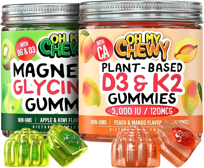 Magnesium + D3K2 Gummies Bundle – 2 Bottles (60 Each) – Apple Kiwi &amp Peach Mango