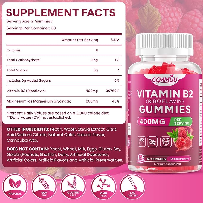 2 Pack Vitamin B2 Gummies Riboflavin 400mg Supplement with Magnesium for Kids &amp Adults B2 Gummies for Nervous System Support &amp Skin Health Raspberry Flavor 120 Count