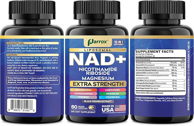 NAD+ Supplement with Liposomal NAD+ Nicotinamide Riboside Magnesium Vitamin B3 &amp B12 Resveratrol Turmeric Ashwagandha Lion’s Mane10-in-1 Extra Strength