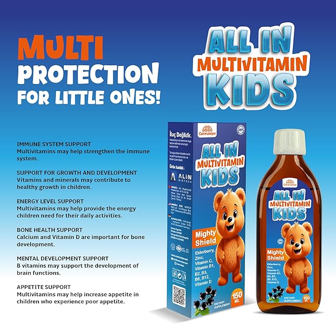 All in Multivitamin Kids Syrup – Black Elderberry Flavored Inositol Zinc Vitamin C Daily Liquid Multivitamin for Kids Immune Growth Appetite Energy – 150 ml / 5 fl oz