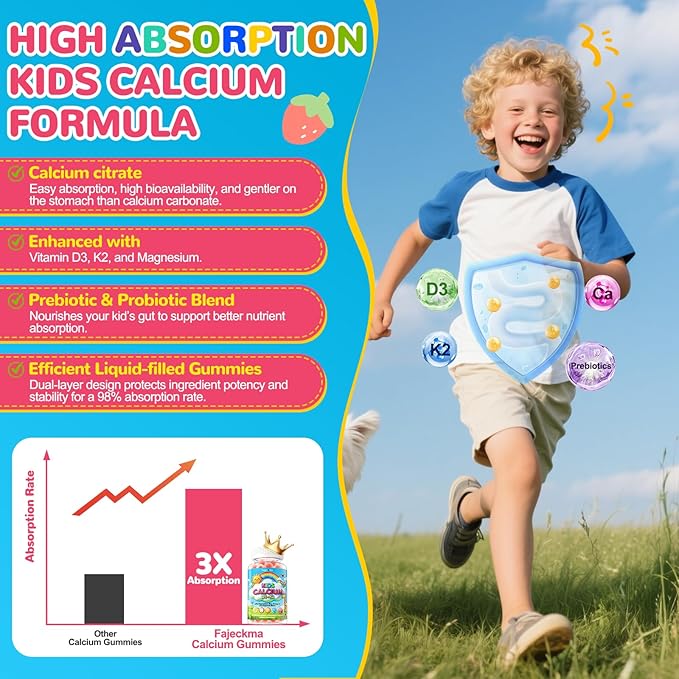 Kids Calcium Citrate Gummies: Organic Chewable Calcium Supplement with Vitamin D3 K2 Magnesium Zinc Vegan Omega Probiotic - Sugar Free High Absorption Gummy for Kids Overall Health (60Count)