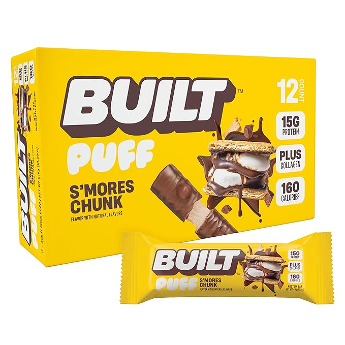 BUILT Bar Puff Protein Bars - S'mores - 15g Protein Snack Bars with Collagen - Calorie Conscious No Gluten Free - 12 Count