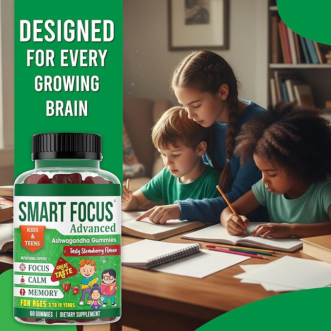 Kids Focus Gummies with Calm Ashwagandha Supplements for Kids &amp Teens – Calm Gummies for Attention Memory &amp Relaxed Sleep – Natural Strawberry Flavor – 60 Gummies