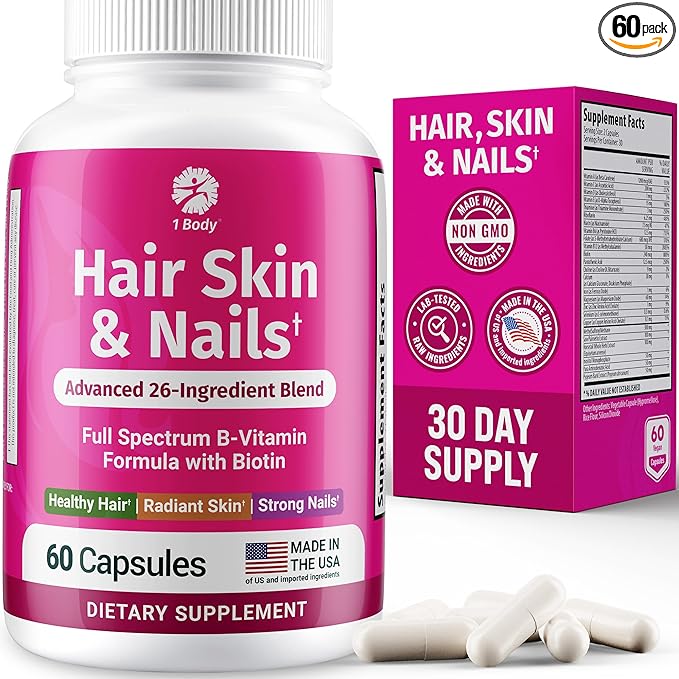 1 Body Hair Skin and Nails Vitamins with Biotin – Hair Growth Supplement for Women &amp Men with 26 Vitamins Minerals &amp Herbal Extracts – Stronger Hair Healthy Skin &amp Nails – 60 Vegan Capsu