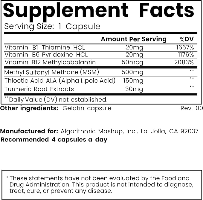 Nerve Support Supplement – Alpha Lipoic Acid B1 B6 B12 Pureblend of MSM Turmeric – Advanced Neuropathy Support Formula for Nerve Health Tingling &amp Discomfort Relief – 120 Capsules (3-Pack)