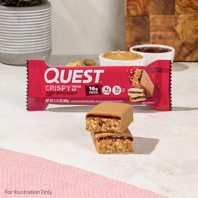 Quest Nutrition Crispy Peanut Butter &amp Jelly 16g Protein Bar 2g Sugar 4g Net Carbs Gluten Free Snack Keto Friendly 12 Count