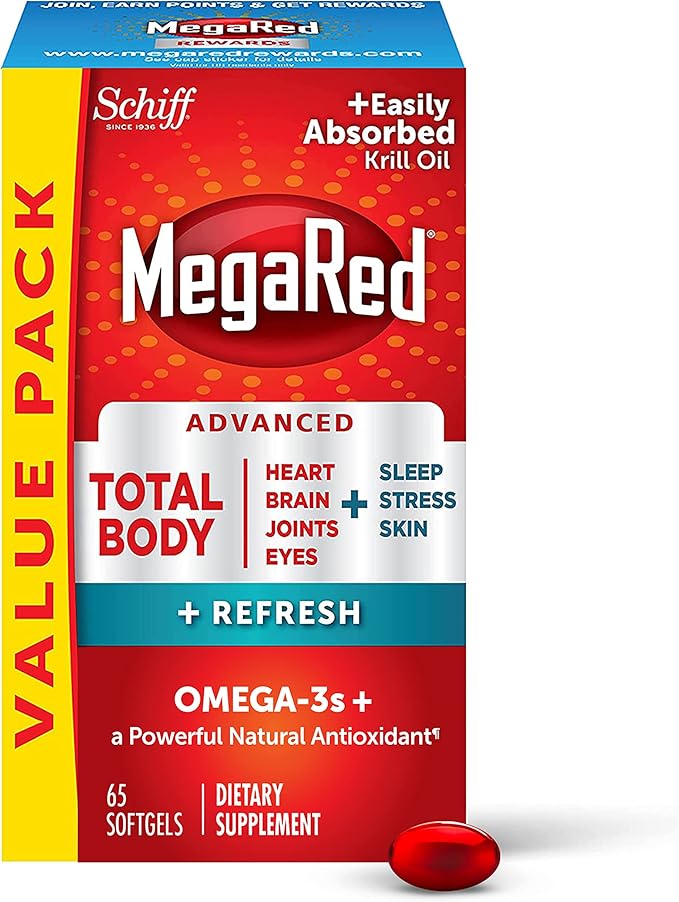 MegaRed Omega-3 Blend Total Body + Refresh 500mg Softgels (65 Count in a Bottle) Easily Absorbed Krill Oil to Support Your Heart Joints Brain &amp Eyes