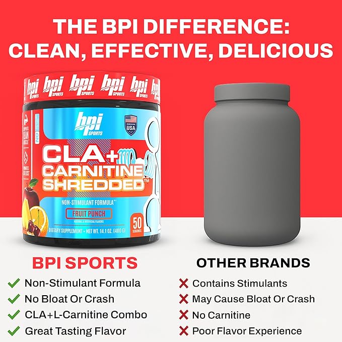 BPI Sports CLA + Carnitine Shredded - Convert Fat Cells Into Energy and Supports Lean Muscle Boost Metabolism - Non-Stimulant L-Carnitine Supplement - Fruit Punch (14.1 oz. / 50 Servings)