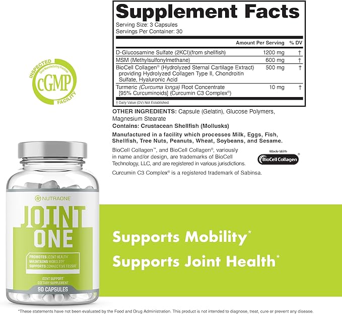 JointOne Joint Support by NutraOne - Joint Supplement for Women and Men to Help Maintain Joint Health with Collagen Glucosamine and Turmeric* (90 Capsules)