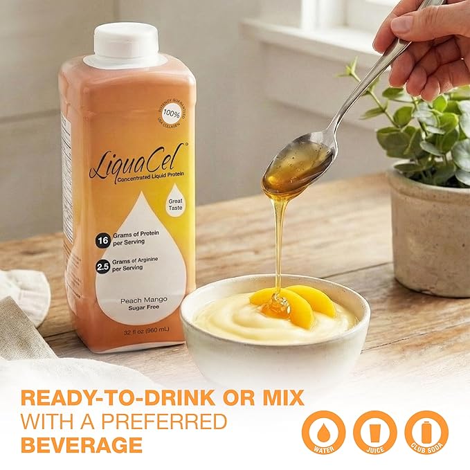 LiquaCel Concentrated Liquid Protein Peach Mango Flavor Ready-to-Drink 16g Hydrolyzed Collagen Protein and 2.5g Arginine Per 1oz Serving Sugar &amp Gluten Free 32 fl oz Bottle Case of 6