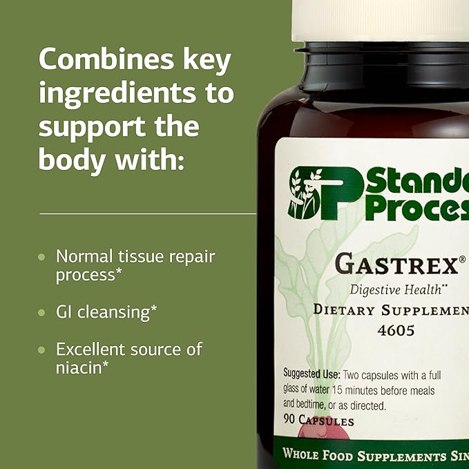Standard Process Gastrex - Supplement for Digestion &amp GI Tract Support - Contains Niacin - Non-Dairy &amp Non-Soy - 90 Capsules (45 Servings)