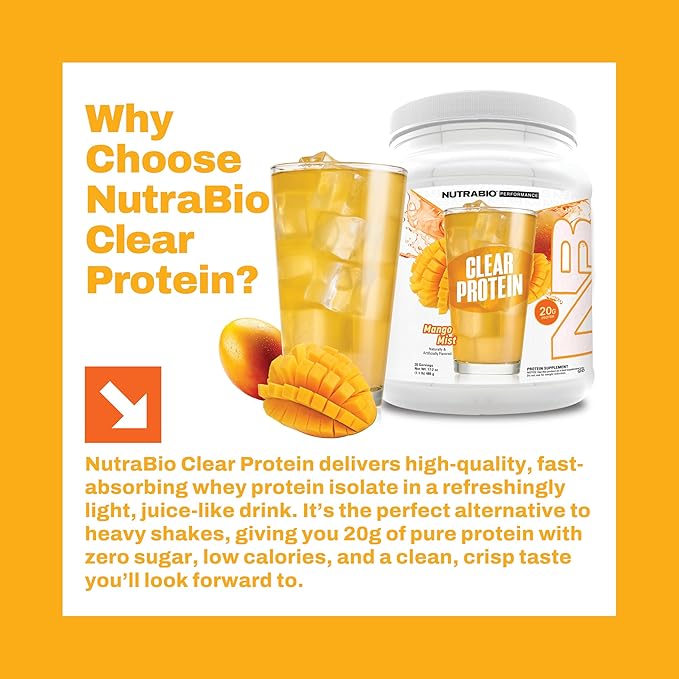 NutraBio Clear Protein Powder Mango Mist - 20 Servings 20g Clear Whey Protein Isolate 0 Sugar 0g Lactose Refreshing Fruit Flavors GLP1 Support - Bone Health - Muscle Post Workout Recovery