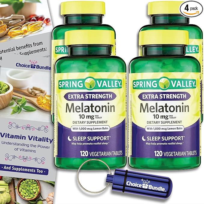 Spring Valley Extra Strength Melatonin Tablets with Lemon Balm Dietary Supplement for Sleep Support 10 mg 120 Ct 4 pk (480 Total) + Vitamin Vitality &amp Pill Container (6 Items)!