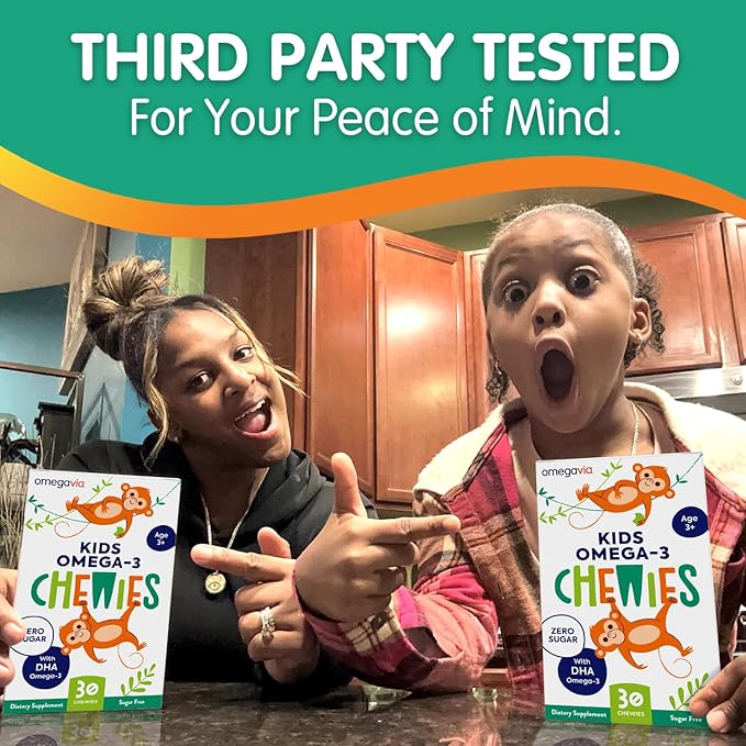 OmegaVia Omega 3 Chewies - Ultra-High DHA Chewables - Omega 3 for Kids Supports Brain &amp Eye Health - Sugar-Free Natural Fruit Flavor - Kids Omega 3 Fish Oil Chewies (30 Count)