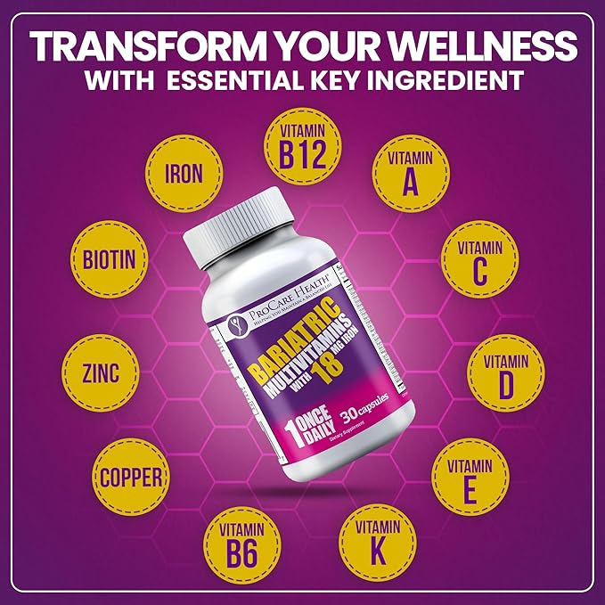 ProCare Health Bariatric Multivitamin with Iron 18mg (30 Easy to Swallow Capsules) - Post Op Bariatric Vitamins for Gastric Bypass Pills - Must Haves for Sleeve Patients (1 Month Supply)