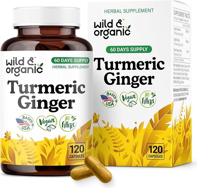 Wild &amp Organic Turmeric and Ginger Supplement Capsules - Mobility &amp Immune Support - Ginger Turmeric Capsules with Black Pepper - 60 Days of Supply - Vegan No Fillers Non-GMO - 120 Count