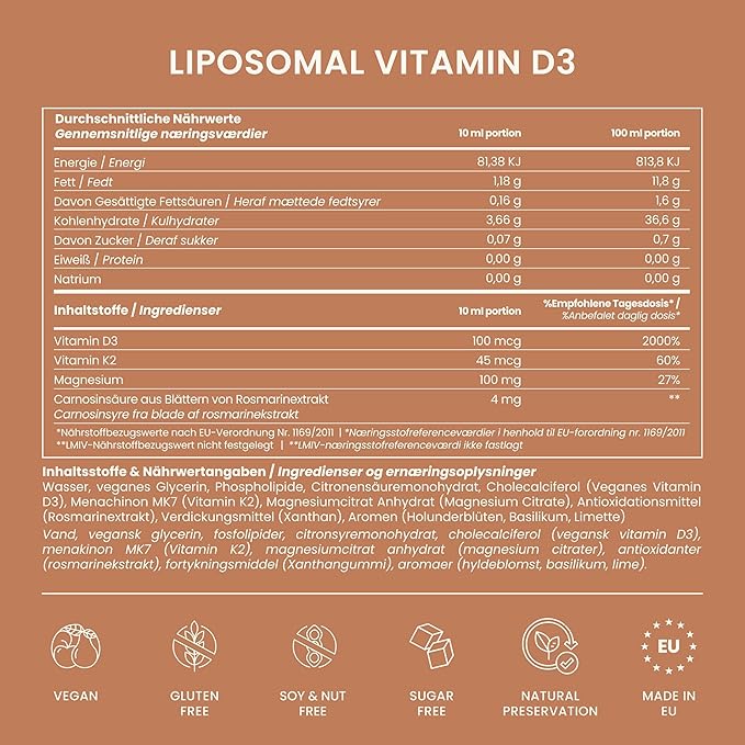 Liposomal Vitamin D3 K2 Magnesium | High Strength 100 mcg Vitamin D3 per Daily Dose | Immune &amp Bone Health Muscles High Bioavailability Vegan | 30 Sachets of 10 ml Liquid Drops