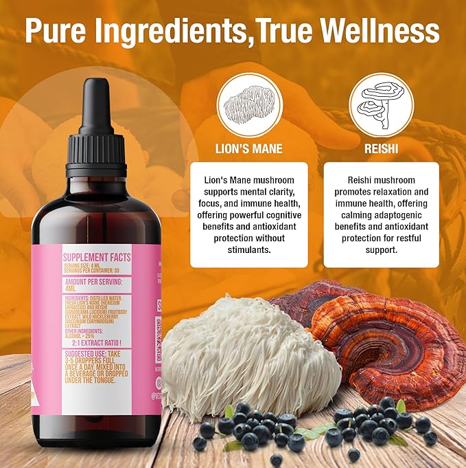 Vesper Pink Freud Mushroom Liquid Extract - Reishi &amp Lion’s Mane Blend with Wild Huckleberries for Immunomodulation Neurogenesis and Mood Support USA-Grown for Calm &amp Mental Clarity – 4oz