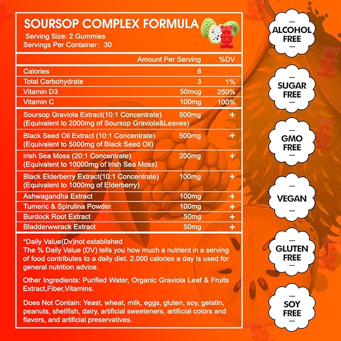 10-in-1 Soursop Graviola with Sea Moss Gummies Soursop Leaves Extract with Vitamin C Zinc for Immunity and Antioxidant Gluten Free Vegan 60 Gummies 2Pack