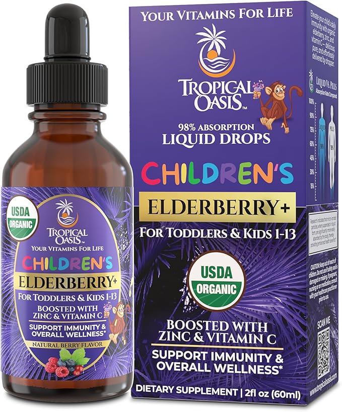 Tropical Oasis USDA Organic Liquid Vitamin Drops with Elderberry Vitamin C and Zinc for Toddlers &amp Kids | Sugar Free | Vegan | Non-GMO | 2 Fl Oz
