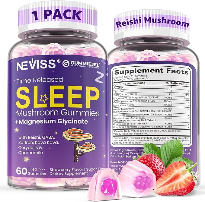 NEVISS Reishi Mushroom Sleep Gummies - Melatonin Free Sleep Gummies for Adult | Reishi Saffron Magnesium GABA &amp Chamomile - Non-Habit Forming Help for Deep Relaxation - Vegan Berry Flavor 1P