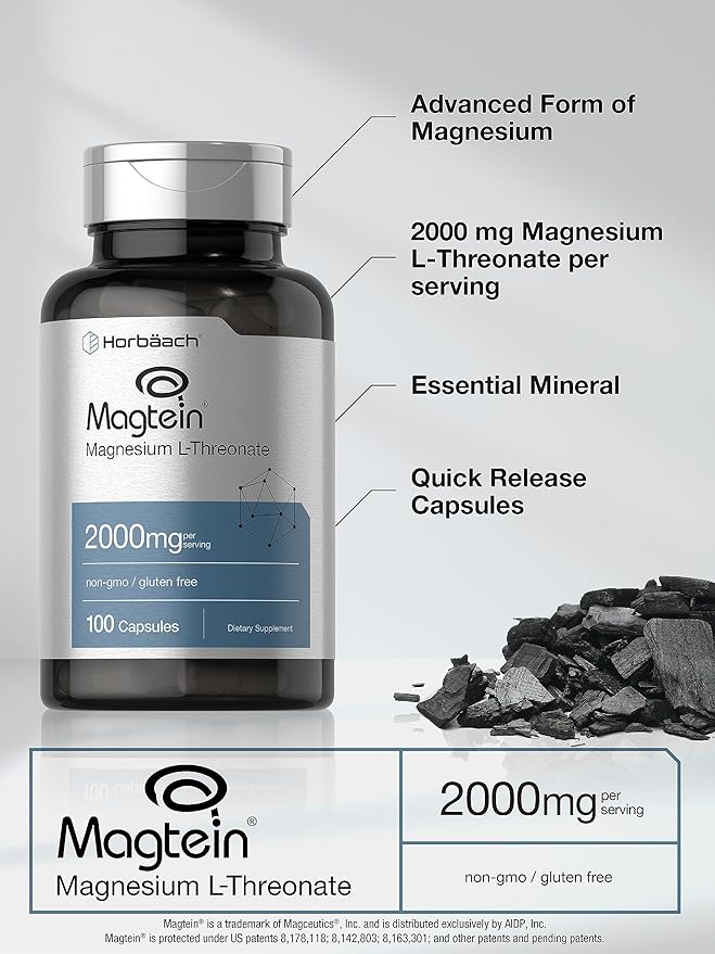 Horbäach Magtein Magnesium L-Threonate | 2000mg Supplement | 100 Capsules | for Men &amp Women | Non-GMO and Gluten Free
