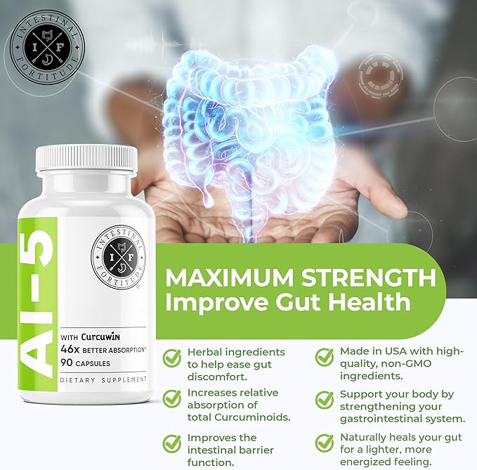 Intestinal Fortitude AI-5 - Digestive Herbal Capsule Supplement w/CurcuWIN Turmeric Curcumin Boswellia Serrata Ginger Root &amp EGCG Green Tea for Gut &amp Digestive Health Support Non-GMO Dai