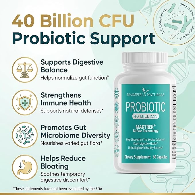 Probiotic Supplement 40 Billion CFU 60 Capsules Gut Health &amp Immune Support Shelf Stable