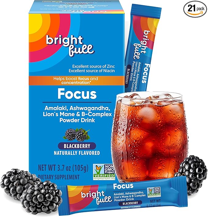 Supplement Focus Sugar Free Dietary Supplement Drink Mix with Ashwagandha Lion’s Mane B Vitamins B1 B2 B3 B5 B6 B12 for Cognitive Performance &amp Clarity BlackBerry 21 Day Supply