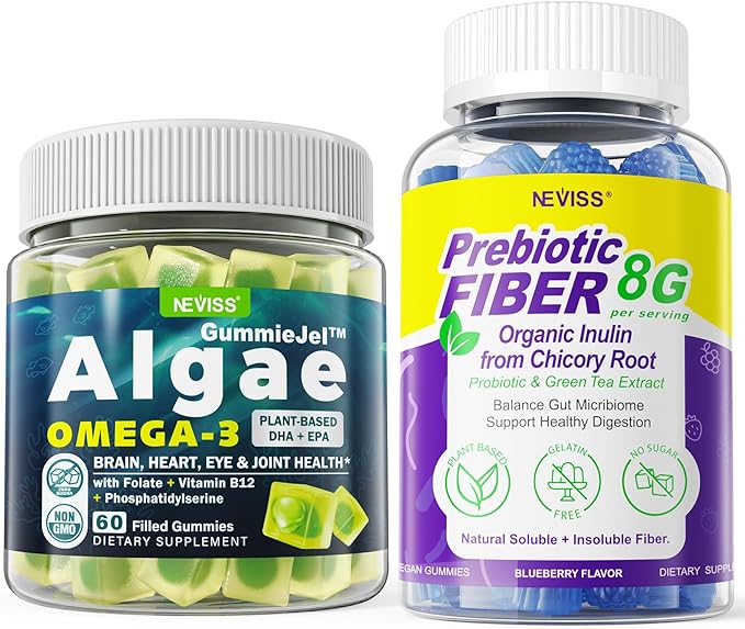 Vegan Omega 3 Gummies 1000mg + Prebiotic Fiber Gummies for Adults 8g