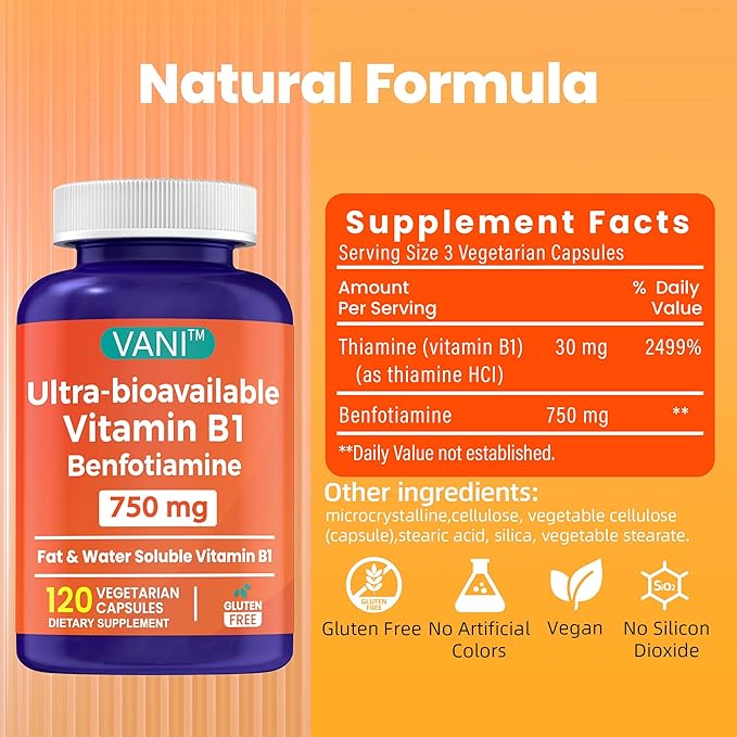 Mega Benfotiamine 750mg with Vitamin B-1 Highly Bioavailable Benfotiamine B1 Supplement Derivative to Support Overall Health* Gluten-Free 120 Capsules (3)
