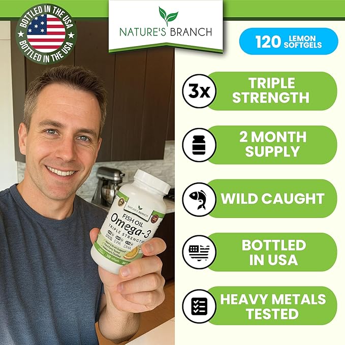 Triple Strength Omega 3 Fish Oil Supplements 2400mg | 120 Capsules Burpless High Potency Lemon Flavor High EPA DHA for Men &amp Women Ultra Pure Softgels | Joint Support Eyes Heart Brain Health P