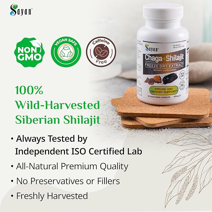 Sayan Siberian Chaga Mushroom Extract with Shilajit 90 Capsules/420mg ea.– Immune and Digestion System Support – Fulvic Acid Supplement – Energy &amp Clarity – Exclusive Blend – No Fillers