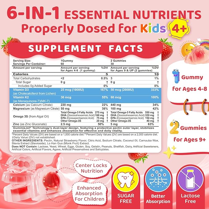 Vitamin D3 K2 + Calcium Liquid-filled Gummies for Kids &amp Teens 1000IU / 2000IU D3 with Magnesium Algal Omega 3 Kids Vitamins for Bones &amp Teeth Calcium Absorption Brain Immune Sugar-Free