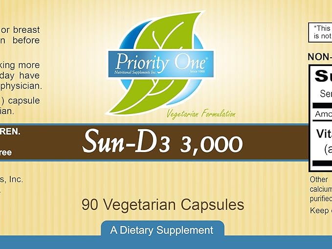 Priority One Vitamins Sun D3 3000 90 Vegetarian Capsules - The Most bioavailable Form of Vitamin D (cholecalciferol).*