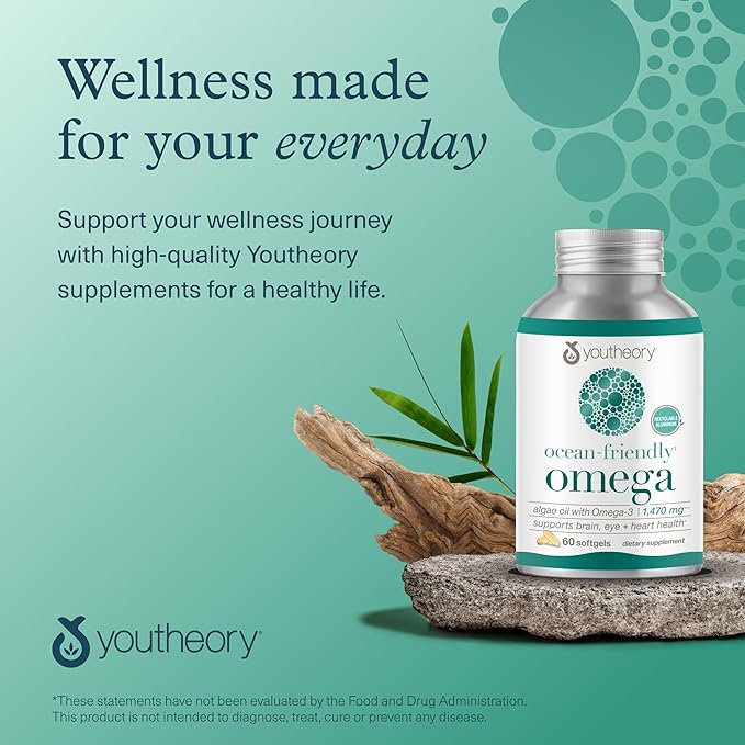 Youtheory Ocean-Friendly Omega - Vegan Algae Omega 3 Softgel - with EPA &amp DHA - Heart Eye &amp Brain Health - Recyclable Aluminum Container - Gluten Soy &amp Dairy Free - 120 Softgels
