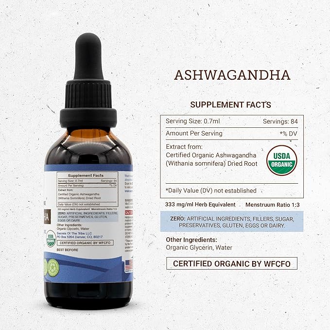 Ashwagandha USDA Organic | Alcohol-FREE Extract High-Potency Herbal Drops Reduces Stress Promotes Relaxation | Made from 100% Certified Organic Ashwagandha (Withania Somnifera) Dried Root 2 oz