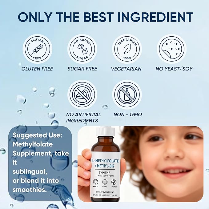 L-Methylfolate 15mg L-Methylfolate + Methyl-B12 Improved Focus and Attention Balanced Mood &amp Overall Wellness Organic Berry Flavor Liquid Sublingual Form 1fl oz